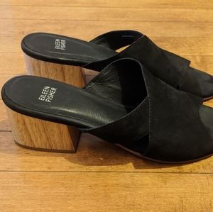 Eileen Fisher black suede wood stack slides